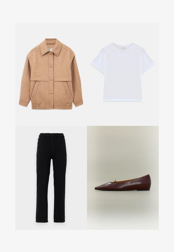 Veste en mélange de laine beige avec un col, des fermetures à boutons, deux poches avant et une coupe légèrement oversize avec des poignets retroussés.; T-shirt blanc court en coton doux, avec un col rond et des manches courtes, d'ajustement légèrement décontracté. Pas de motifs ni d'accents.; Jeans en denim noir avec des jambes droites, une taille mi-haute et cinq poches. Comprend une fermeture à bouton à l'avant et des passants de ceinture.; Chaussure plate marron à bout pointu avec une petite perle décorative dorée sur le dessus, sur un fond uni neutre.