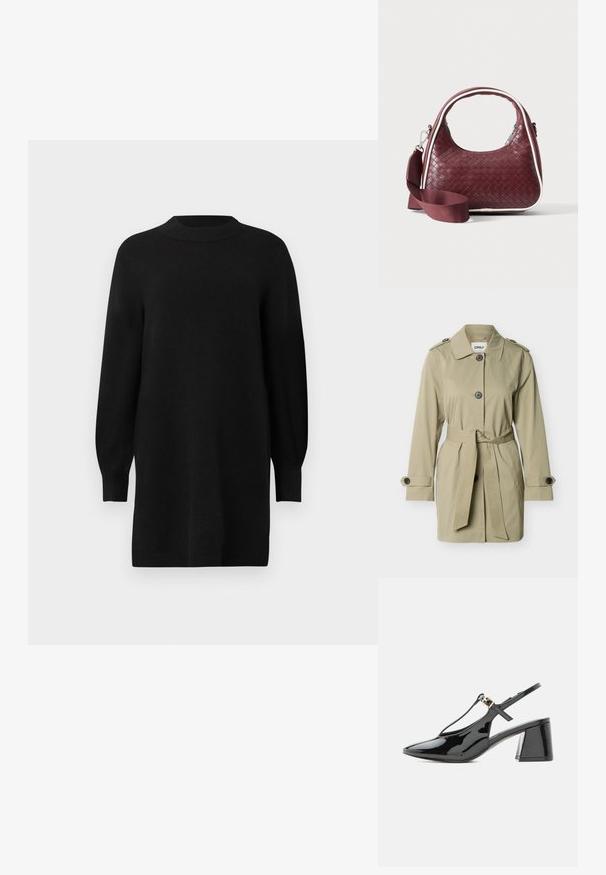 Beige knælange trenchcoat med krave, knaplukning foran, bælte til at binde i taljen, skulderstropper og knaplukning på ærmestrimler.; Sort strikket kjole med rund halsudskæring, lange puffærmer og ribbede manchetter. Enkel, lige silhuet. Glat tekstur.; Sort laklæder lavhælet slingback sko med spids tå og T-rem med lille guldbøjle.; Mørkerød vævet lædertaske med buet hank, hvid kant, sølv lynlås og aftagelig bred stofskulderrem mod en ensfarvet baggrund.