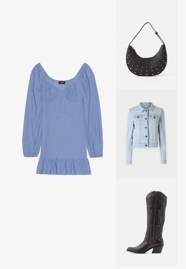 Veste en denim bleu clair au design court, col pointu, fermeture à boutons, et deux poches poitrine à rabat. Texture lisse, manches longues.; Blouse bleue texturée avec de longues manches bouffantes, un large décolleté et un ourlet froncé. Présente des accents froncés au niveau des épaules et de la poitrine.; Bottes de cowboy en cuir marron avec surpiqûres en forme de flammes, fermeture éclair latérale, clous argentés, bout pointu et talon superposé.; Sac à main en cuir noir avec une forme arrondie, orné de clous en argent, doté d'une fermeture éclair et d'une seule sangle ajustable.