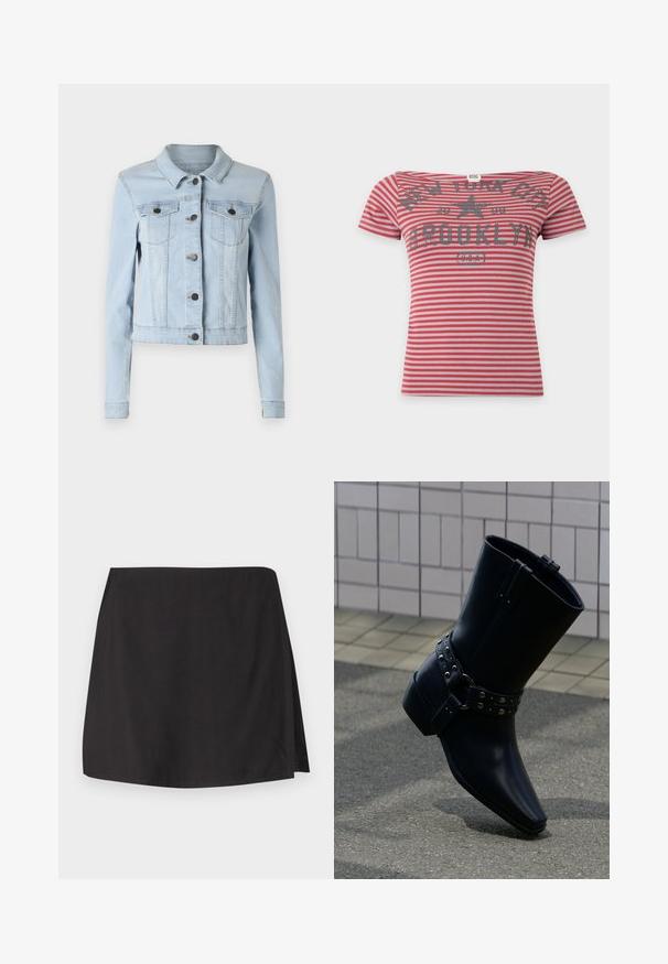 Helle blaue Jeansjacke mit einem cropped Design, spitzem Kragen, Knopfschluss und zwei Brusttaschen mit Klappe. Glatte Textur, lange Ärmel.; Rot-grau gestreiftes T-Shirt mit kurzen Ärmeln und dem Schriftzug "NEW YORK CITY 2009 BROOKLYN (U.S.A)" sowie einem Sternmotiv auf der Vorderseite.; Schwarzer Rock aus glattem Stoff mit geradem Schnitt und einem Schlitz auf einer Seite. Einfaches Design ohne Muster oder Verzierungen.; Schwarzer Leder-Stiefelette mit spitz zulaufender Zehenpartie, Schnallenriemen mit silberfarbenen Nieten und klobigem Absatz. Glatte Textur mit minimalistischem Design.