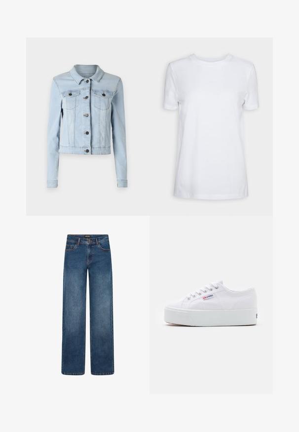 Chaqueta de mezclilla azul claro con un diseño corto, cuello puntiagudo, cierre de botones y dos bolsillos en el pecho con solapa. Textura suave, mangas largas.; Camiseta blanca lisa de manga corta con cuello redondo, ajuste regular y una pequeña etiqueta interior en el cuello que dice "SELECTED FEMME."; Vaqueros de pierna ancha en lavado azul medio. Cuentan con cinco bolsillos, cierre de botón y cremallera, y costuras doblemente reforzadas. Tejido duradero.; Zapatilla de lona blanca con una gruesa suela de plataforma blanca, punta redonda y ojales de metal para los cordones. Logotipo de la marca mostrado en el lateral.