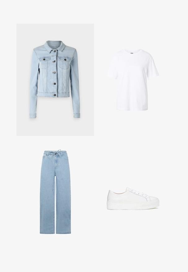 Chaqueta de mezclilla azul claro con un diseño corto, cuello puntiagudo, cierre de botones y dos bolsillos en el pecho con solapa. Textura suave, mangas largas.; Camiseta blanca lisa de manga corta con cuello redondo, ajuste holgado y una pequeña etiqueta en el interior del cuello.; Jeans de mezclilla de pierna ancha en azul claro, con cintura ajustable mediante cordones y diseño estándar de cinco bolsillos. La tela tiene una textura suave.; Zapatilla blanca de cuero con superficie lisa, punta redonda y suela plana. Presenta cierre con cordones y detalles de costura sutiles.
