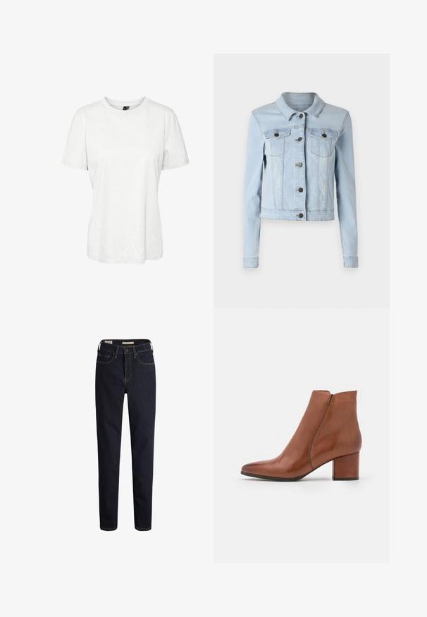 Lyseblå denimjakke med en cropped design, spidse krave, knaplukning og to brystlommer med klap. Glat tekstur, lange ærmer.; Hvid kortærmet t-shirt lavet af bomuld med rund halsudskæring og afslappet pasform. Glat tekstur og ingen synlige mønstre eller dekorationer.; Mørkeblå denimjeans med lige pasform, der har frontlommer, lynlås og kontrasterende guld-gule syninger.; Brune læder ankelstøvle med snudeformet tå, medium blokhæl og minimal sømdetaljering. Glat tekstur med en poleret overflade.