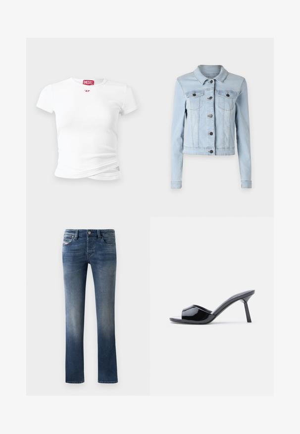 Veste en denim bleu clair au design court, col pointu, fermeture à boutons, et deux poches poitrine à rabat. Texture lisse, manches longues.; T-shirt blanc à manches courtes en tissu côtelé, mettant en avant un petit logo rouge Diesel sur la poitrine et un détail torsadé près de l'ourlet.; Jean en denim bleu foncé avec une coupe droite, présentant des détails de décoloration légère sur les cuisses et un style classique à cinq poches.; Sandales à talons ouverts en cuir verni noir, avec un design supérieur incurvé et un talon aiguille effilé. Finition lisse et brillante.