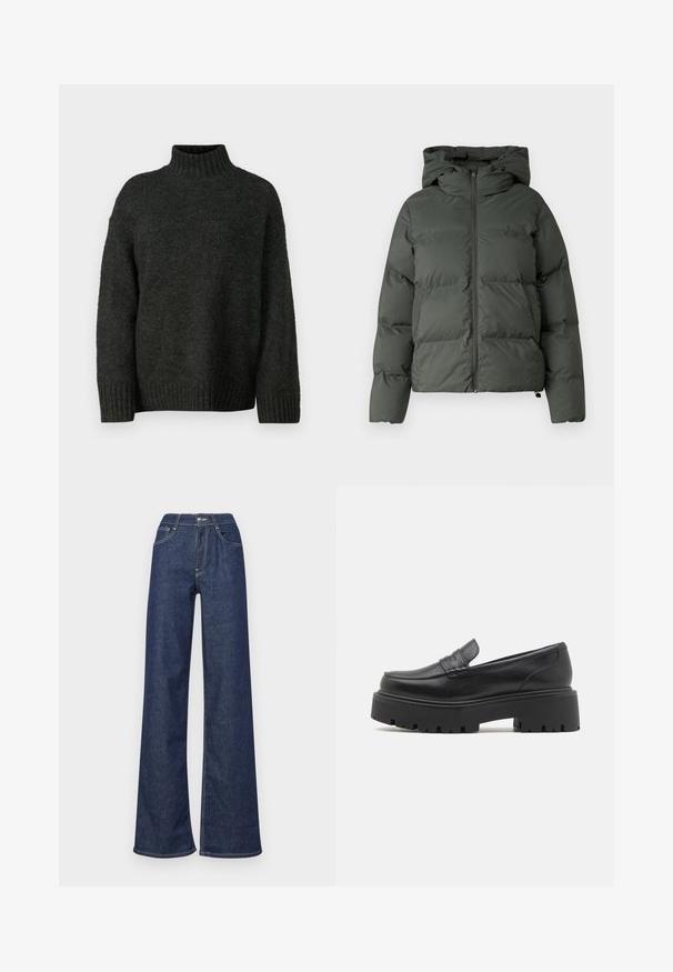 Chaqueta inflable en verde oscuro, con capucha, cierre frontal con cremallera y textura acolchada con baffles horizontales. Acabado mate suave.; Vero Moda Tall VMMADDIE HIGHNECK PULL - Jersey de punto - dark grey melange; Jeans de mezclilla de pierna ancha en azul oscuro, con una cintura alta, bolsillos frontales, costuras visibles y un acabado limpio en los dobladillos.; Mocasines de cuero negro con una suela de goma baja y gruesa, detalles de costura en la parte superior y una textura suave.