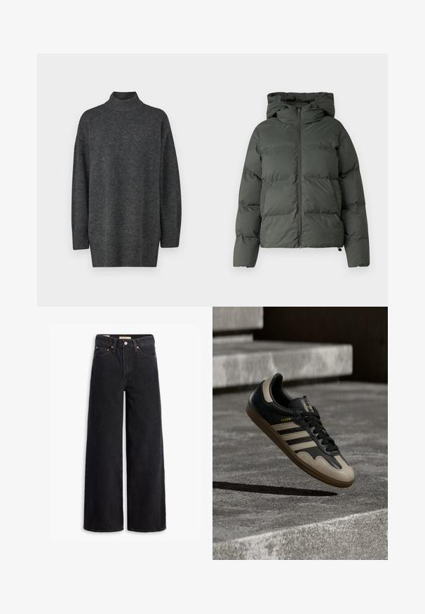 Puffjakke i mørkegrøn, med hætte, lynlåslukning foran og quiltet tekstur med vandrette bælter. Glat mat finish.; Mørkegrå, oversized turtleneck sweater lavet af blødt strikkemateriale med lange ærmer og ribbet kant; glat tekstur, minimalistisk design.; Sorte brede benjeans lavet af denim, med fem lommer, kobbernitter og en klassisk knaplukning. Glat tekstur med et rent design.; Sort og beige lædersneaker med tre hvide striber, tanfarvet gummisål og gyldent "Samba"-detalje på siden.