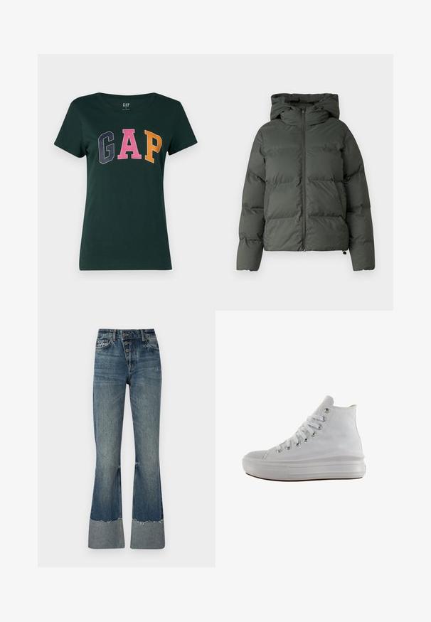 Pufferjack in donkergroen, met een capuchon, een ritssluiting aan de voorkant en een gequilt textuur met horizontale baffles. Gladde matte afwerking.; Donkergroene katoenen T-shirt met een ronde hals, met het woord "GAP" in grote, kleurrijke blokletters: marineblauw, roze en oranje.; Denim flared jeans in medium blauw met een hoge taille, vijf knopen en een geschuurd zoom. Beschikt over een lichtere boorden aan de onderkant en een vervaagde textuur.; Witte hoge canvas sneaker met witte veters, metalen oogjes, dikke rubberen zool en gestructureerde neuskap, naar links gericht op een witte achtergrond.