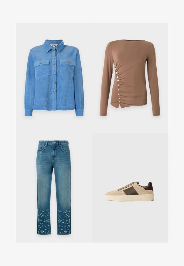 Lichtblauwe corduroy blouse met lange mouwen, een knoopsluiting aan de voorkant, twee borstzakken en een puntige kraag. Voorzien van bruine knopen.; Bruine top met lange mouwen van rekbare stof, met een geplooid zijdetail en witte knopen langs de linkernaad en een asymmetrische zoom.; Blauwe denim jeans met een rechte snit, voorzien van bloemborduursels en versieringen aan de onderkant en een vijfzakkenmodel.; Beige suède sneakers met donkerbruin leren accenten, platte veters en een gestructureerde crèmekleurige zool. Een zijstreepdetail voegt een ontwerpelement toe.