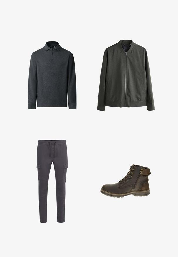 Donkergrijs bomberjack met ritssluiting, geribde kraag, manchetten, zoom en twee zijzakken, afgebeeld op een witte achtergrond.; Donkergrijze long-sleeve polo met een gestructureerde stof, kraag en een drie-knopen-bloes. Beschikt over een rechte boord en subtiele stiksels.; Grijze joggerbroek met elastische tailleband, trekkoord, zijzakken en taps toelopende pijpen. Gemaakt van zachte katoenen stof met een soepele textuur.; Bruine leren enkellaars met vetersluiting en rits, ronde neus, gestructureerde accenten en rubberen outsole voor grip.
