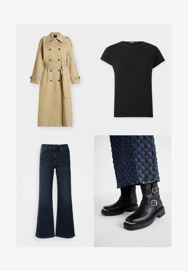 Gabardina beige cruzada con cinturón, tiras con botones en los puños, hombreras y tachuelas decorativas plateadas en las mangas.; Camiseta negra de manga corta y cuello redondo con un diseño sencillo y una pequeña etiqueta "DENIM" dentro del cuello.; Mos Mosh HERA - Vaqueros a campana - dark blue; Botas de tobillo de cuero negro con correas de doble hebilla, acabado texturizado, punteras cuadradas y suelas de goma gruesa. Notables acentos en plata.