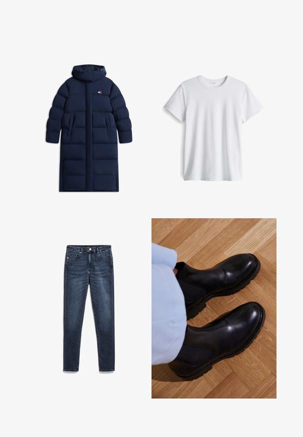 Langer dunkelblauer wattierter Wintermantel mit Kapuze, zwei Vordertaschen und einem kleinen rechteckigen Logo auf der linken Brust.; Weißes Baumwoll-T-Shirt mit rundem Ausschnitt und kurzen Ärmeln. Weicher Stoff, gerader Schnitt, keine sichtbaren Logos oder Muster.; Dunkelblaue Denim-Jeans im Slim-Fit-Schnitt mit Reißverschluss, fünf Taschen und subtilen Ausbleichungen im gesamten Stoff.; Schwarze Knöchelstiefel aus glattem Leder mit elastischen Seiteneinsätzen, einer strukturierten Gummisohle und kontrastierenden Nähten entlang der Kante.