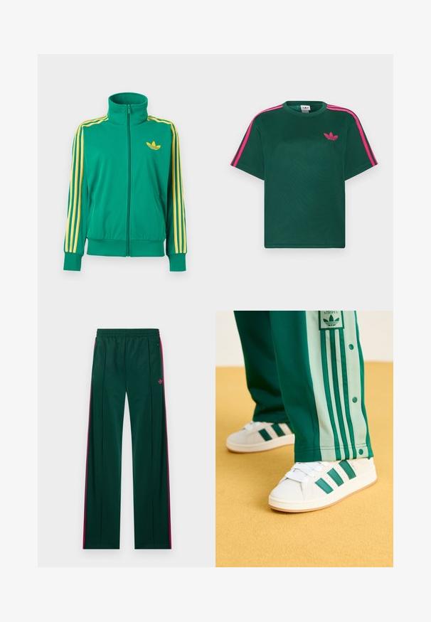 Vihreä vetoketjullinen fleecejakku, jossa on keltaiset raidat hihoissa ja keltainen Adidas Trefoil -logo rinnassa, esitetty valkoisella taustalla.; Vihreä lyhythihainen t-paita, jossa on kirkkaan pinkit raidat olkapäillä ja Adidas-trefoil-logo rinnassa.; Tummanvihreät verkkarit, joissa vaaleanpunaiset sivuraidat, vetoketjulliset taskut, joustava vyötärönauha ja pieni vaaleanpunainen Adidas-logo oikealla puolella.; Valkoiset tennarit, joissa on vihreät raidat, kumipohja ja tekstuuri, yhdistettynä vihreisiin urheiluhousuihin, joissa on vaaleanvihreät sivuraidat ja nepparit.