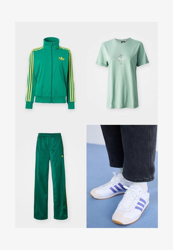 Vihreä vetoketjullinen fleecejakku, jossa on keltaiset raidat hihoissa ja keltainen Adidas Trefoil -logo rinnassa, esitetty valkoisella taustalla.; Vaaleanvihreä puuvillapaita, jossa on lyhyet käännetyt hihat. Paidassa on keskeinen graafinen kuva kasvista pyöreässä ruukussa, logo alavatsassa.; Vihreät satiini-urheiluhousut, joissa on rento istuvuus, keltaiset raidat ja brodeerattu logo vasemmalla puolella. Elastinen vyötärönauha.; Valkoiset tennarit, joissa on violetit raidat, ominaisuuksina mokkanahkainen kärki ja teksturoitu pohja. Yhdistetty mustiin nilkkahousuihin ja valkoisiin sukkiin.