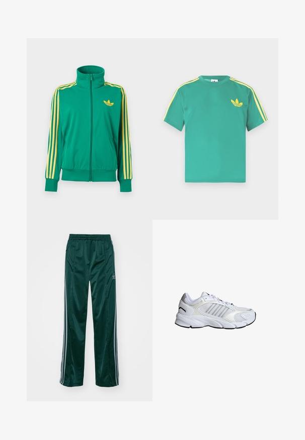 Veste de survêtement zippée verte avec des rayures jaunes sur les manches et un logo trèfle Adidas jaune sur la poitrine, affichée sur un fond blanc.; T-shirt en coton vert à manches courtes, avec des rayures jaunes le long des épaules et un logo brodé à trois feuilles sur la poitrine.; Pantalons de sport vert foncé en matériau brillant, avec des bandes latérales gris clair et un logo brodé sur la jambe gauche.; Baskets blanches en matériau synthétique et en maille respirante, avec trois rayures argentées, semelle en caoutchouc texturé et col rembourré.