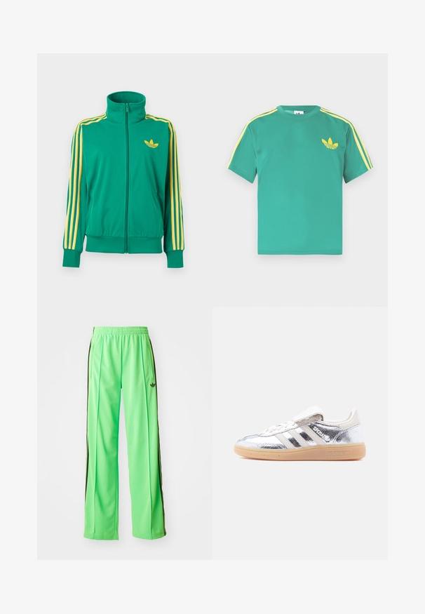 Roheline lukuga spordijakk kollaste triipude ja kollase Adidas Trefoil logoga rinnal, valgel taustal.; Roheline puuvillane T-särk lühikeste varrukatega, kollaste triipudega õlgadel ja rinnal tikitud kolmelehine logo.; Roheline sportlikud püksid, mis on valmistatud siledast, kergest materjalist, mustade külgriipidega ja tikandiga logoga ees.; Hõbedane metallikvärvi Adidas Spezial toss vasakult poolt vaadatuna, valgete triipude ja kummist tallaga, ühtlase valge taustaga.