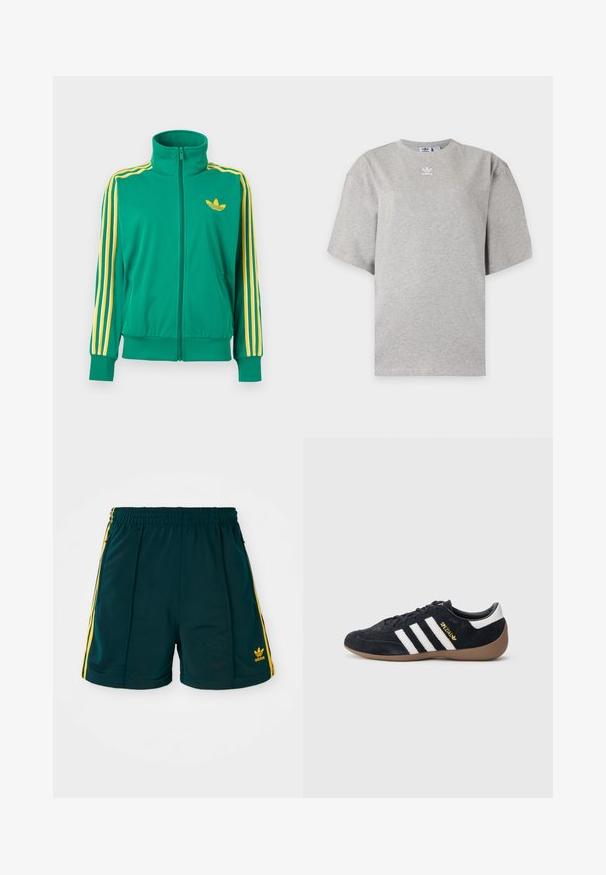 Vihreä vetoketjullinen fleecejakku, jossa on keltaiset raidat hihoissa ja keltainen Adidas Trefoil -logo rinnassa, esitetty valkoisella taustalla.; Vaaleanharmaa Adidas lyhythihainen t-paita pyöreällä kaula-aukolla ja pienellä valkoisella Adidas-logolla rinnassa, esitetty yksivärisellä taustalla.; Tummanvihreät urheilusortsit, joissa on joustava vyötärö ja keltaiset sivu raidat, sekä kirjailtu keltainen logo alhaalla jalassa.; Musta mokkanahkainen tennari, jossa on kolme valkoista raitaa, kumipohja ja pieni kultainen logo sivulla. Siinä on sileä musta sisävuori.