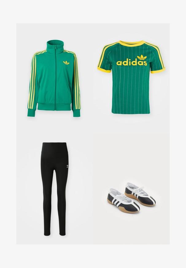 Vihreä vetoketjullinen fleecejakku, jossa on keltaiset raidat hihoissa ja keltainen Adidas Trefoil -logo rinnassa, esitetty valkoisella taustalla.; Vihreä puuvillapaita, jossa on pystysuorat valkoiset raidat, keltaisia yksityiskohtia ja "adidas"-logo keltaisella fontilla. Lyhyt hiha ja pyöreä pääntie.; Mustat leggingit, jotka on valmistettu joustavasta materiaalista ja joissa on korkea vyötärö, vasemmassa lahkeessa on pieni valkoinen Adidas-logo. Sujuva pinta.; Musta-valkoiset urheilukengät, joissa on sulavalinjainen muotoilu, kumipohja, nauhakiinnitys ja kolme valkoista raitaa sivuilla.
