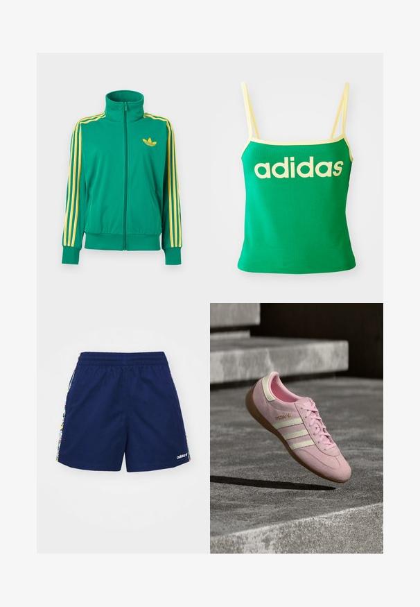 Vihreä vetoketjullinen fleecejakku, jossa on keltaiset raidat hihoissa ja keltainen Adidas Trefoil -logo rinnassa, esitetty valkoisella taustalla.; Vihreä tankkitoppi keltaisilla yksityiskohdilla, valmistettu joustavasta materiaalista. Edessä on suuri keltainen "adidas"-logo ja ohuet olkaimet.; Tummansiniset lyhyet housut, joissa on joustava vyötärö, ja joiden sivuilla on värikkäitä kukkastriitsejä sekä pieni valkoinen logo alareunassa.; Vaaleanpunainen mokkanahkainen tennari, jossa on kolme valkoista raitaa, nauhallinen malli, kumipohja ja kultainen logotunniste sivulla. Pehmeä tekstuuri ja pyöreä muoto.