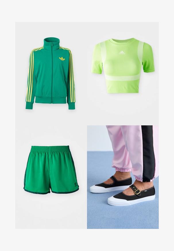 Grøn træningsjakke med lynlås, gule striber på ærmerne og en gul Adidas trefoil-logo på brystet, vist på en hvid baggrund.; Kappet atletisk skjorte i lys grøn stof. Har korte ærmer, rund hals og hvidt diagonalt stribemønster på skuldrene. adidas-logo på fronten.; Grønne atletiske shorts med en glat tekstur, elastisk talje og mørkegrønne sideaccenter. Har Adidas-logoet på den nederste kant.; Sorte lærredssko med en hvid sål, der har et udskæringsdesign og et guldspænde. Bæret med lyserøde træningsbukser.