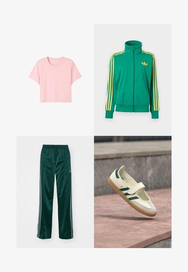 Chaqueta deportiva verde con cremallera, con rayas amarillas en las mangas y un logo trefoil de Adidas amarillo en el pecho, mostrada sobre un fondo blanco.; Camiseta rosa de manga corta hecha de una tela suave, con un escote redondo y un corte holgado con una ligera textura jaspeada.; Pantalones deportivos de color verde oscuro, hechos de un material brillante, con franjas laterales en gris claro y un logotipo bordado en la pierna izquierda.; Zapato de cuero blanco con rayas verdes, punta redonda, asegurado con una correa. Suela de goma, diseño minimalista, costuras elevadas a lo largo de los bordes superiores.