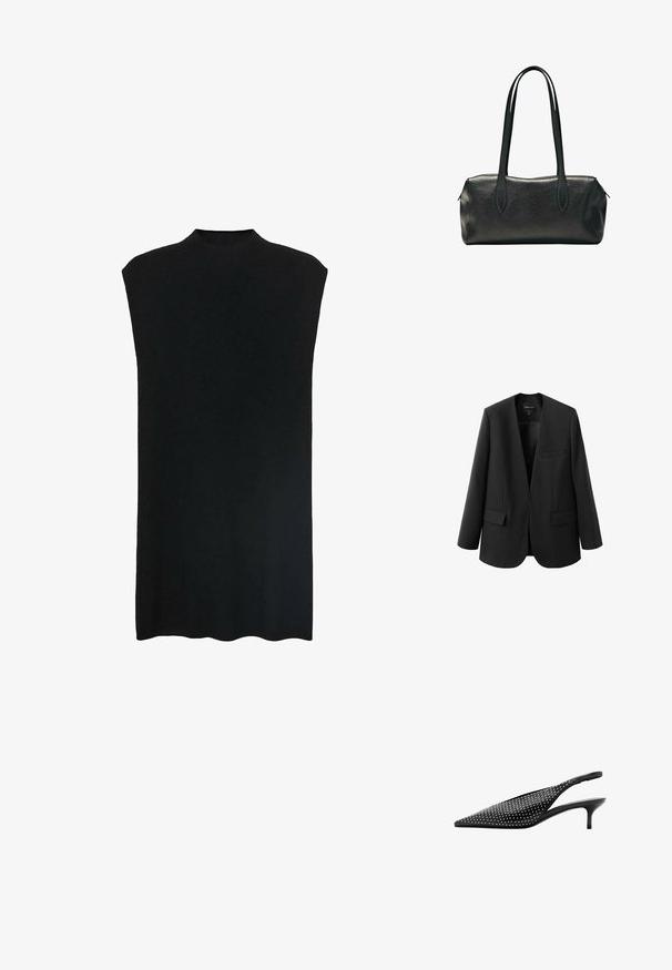 Sort blazer med en struktureret, kravefri design, to frontlommer og en glat stoftekstur. Åben front, afslappet pasform.; Sort ærmeløs tunika med høj halsudskæring, blødt stof, løs pasform og lige silhuet. Nederste kant er let buet.; Sort slingback-pumps med spids tå, lav kitten-hæl og sølvnittepynt, der dækker overdelen.; Sort rektangulær læderhåndtaske med to lange skulderstropper og en lynlåslukning øverst.