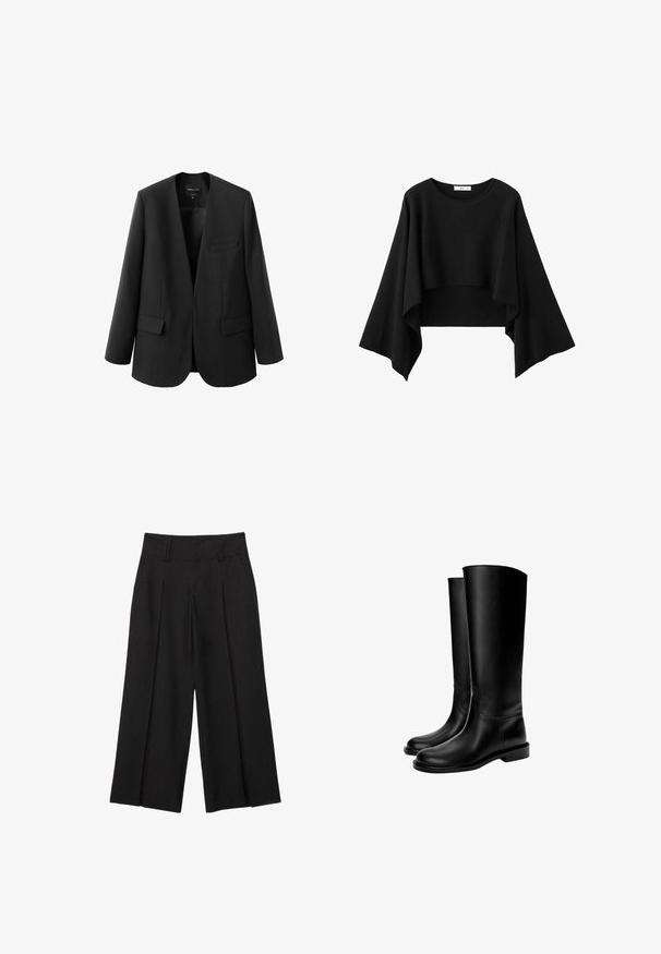 Schwarze Jacke mit strukturiertem, kragenlosem Design, zwei Fronttaschen und einer glatten Stoffoberfläche. Offene Vorderseite, entspannte Passform.; Schwarzes, kurzes Top mit weiten, fließenden langen Ärmeln und rundem Ausschnitt, gefertigt aus weichem Stoff.; Schwarze, weit geschnittene Cropped-Hosen mit Gürtelschlaufen und vorderen Falten, gefertigt aus einem glatten Stoff für einen maßgeschneiderten Look.; Schwarze knielange Lederstiefel mit glatter Textur, runder Zehenform, flacher Sohle und minimalistischem Design, mit genähten Nähten und ohne sichtbare Beschläge.