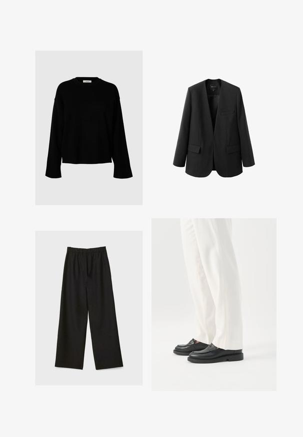 Sort blazer med en struktureret, kravefri design, to frontlommer og en glat stoftekstur. Åben front, afslappet pasform.; Sort sweater med løs pasform, lange ærmer, rund halsudskæring og ribstrikkede manchetter, lavet af blødt, tekstureret stof.; Sorte brede benbukser med elastisk talje, vist fladt på en lys baggrund.; Person iført hvide skræddersyede bukser og sorte læder loafers stående på hvid baggrund.