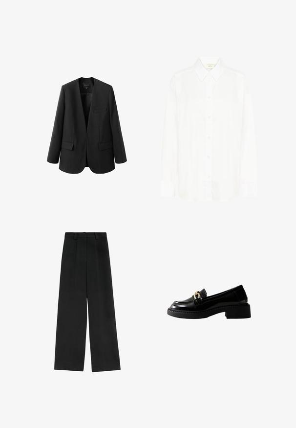 Sort blazer med en struktureret, kravefri design, to frontlommer og en glat stoftekstur. Åben front, afslappet pasform.; Hvid langærmet skjorte med knapper, klassisk krave og almindelig pasform. Fremstillet af glat stof med otte knapper ned foran.; Sorte brede bukser med høj talje, der har to frontfald, bæltestropper og en glat tekstur. Ingen lommer eller synligt metal.; Sorte laklæder loafers med guldfarvet hardwaredetalje, rundet tå og kraftig sål. Glat tekstur med markante syninger.