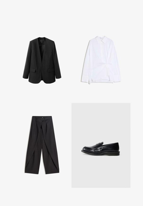 Zwarte blazer met een gestructureerd, kraagloos ontwerp, twee voorzakken en een gladde stofstructuur. Open voorkant, ontspannen pasvorm.; Wit overhemd met lange mouwen, asymmetrisch gedraaide voorkant en klassieke kraag, weergegeven op een witte achtergrond.; Zwarte wijde broek met plooien aan de voorkant, twee knopen aan de tailleband en schuine zijzakken, plat weergegeven op een witte achtergrond.; Zwarte leren instapper met een gladde afwerking, ronde neus en gestikte details op de voorkant, met een gestructureerde rubberen zool voor grip.