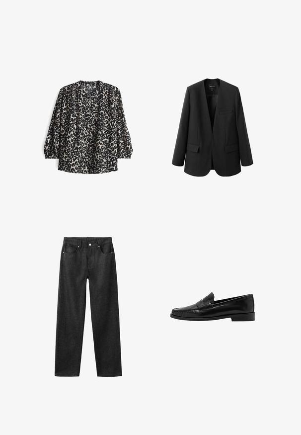 Zwarte blazer met een gestructureerd, kraagloos ontwerp, twee voorzakken en een gladde stofstructuur. Open voorkant, ontspannen pasvorm.; Zwarte blouse met een crèmekleurig abstract patroon, voorzien van een V-hals, knopen aan de voorkant en gathered mouwen voor een ontspannen pasvorm. Textuurstof.; Zwarte denim broek met een rechte pijp, voorzien van vijf zakken, zilverkleurige hardware en een gladde textuur.; Mango Instappers - black