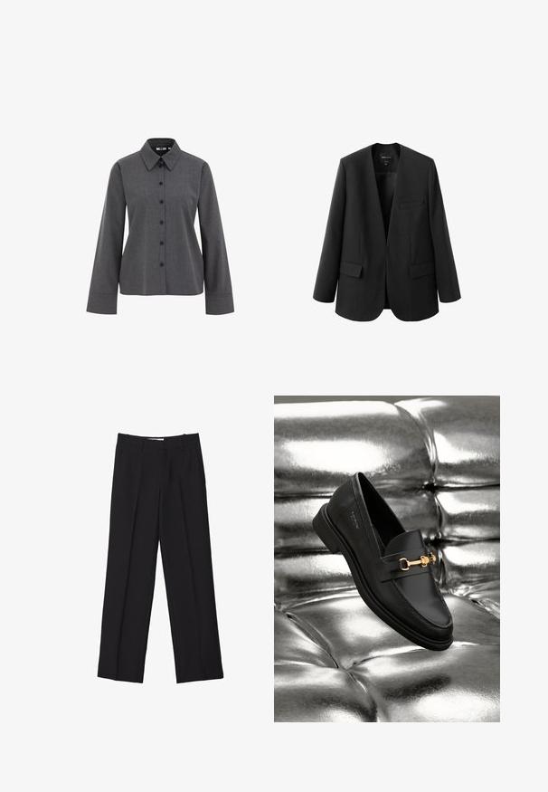 Sort blazer med en struktureret, kravefri design, to frontlommer og en glat stoftekstur. Åben front, afslappet pasform.; WE Fashion Skjortebluser - grey; Sorte skræddersyede bukser med lige ben-design, der har dobbelte folder, en glat tekstur og diskrete forreste sømdetaljer.; Sorte læder loafers med en guldfarvet hardware detalje. Skoen har et elegant design og en glat, skinnende overflade.
