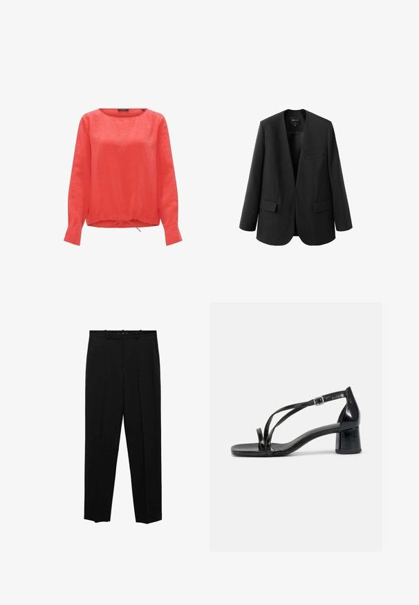 Zwarte blazer met een gestructureerd, kraagloos ontwerp, twee voorzakken en een gladde stofstructuur. Open voorkant, ontspannen pasvorm.; Rode linnen blouse met een ronde halslijn, lange mouwen en een gathering met trekkoord aan de onderkant. Effen structuur zonder zichtbare patronen of accenten.; Zwarte op maat gemaakte broek met een recht model, met voorplooien, een gladde textuur en een standaard tailleband met riemlussen.; Zwarte hoge sandalen met een vierkante neus, voorzien van gekruiste banden en een verstelbare enkelband. Gemaakt van glanzend synthetisch materiaal.