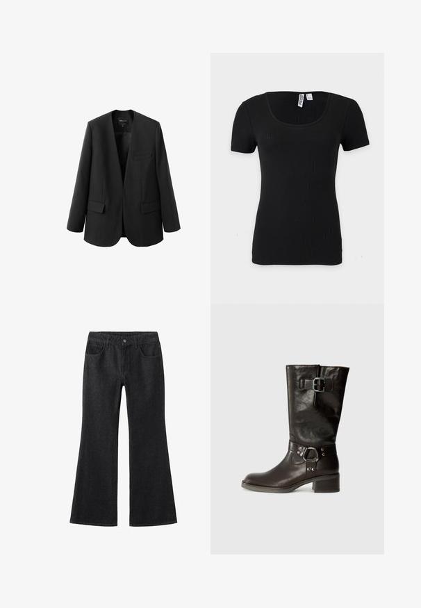 Zwarte blazer met een gestructureerd, kraagloos ontwerp, twee voorzakken en een gladde stofstructuur. Open voorkant, ontspannen pasvorm.; Zwart kortärmelig geribd gebreid topje met ronde halslijn en getailleerde silhouet, getoond tegen een eenvoudige lichte achtergrond.; Zwarte spijkerbroek met uitlopende pijpen, featuring een hoge taille, vijf zakken, contrasterende stiksels en een klassieke knoopsluiting.; Bruine leren kniehoge laars met een ronde neus, een detailsluiting aan de zijkant en een chunkyzool. Gladde textuur met metallic accenten op de band.