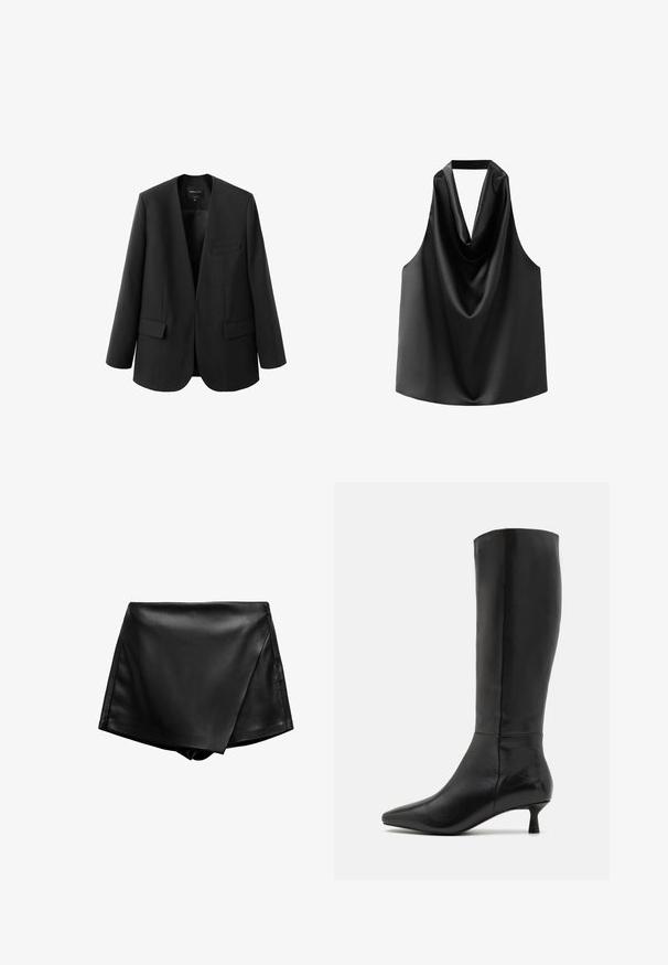 Sort blazer med en struktureret, kravefri design, to frontlommer og en glat stoftekstur. Åben front, afslappet pasform.; Sort ærmeløs top lavet af glat satin, med en draperet halsudskæring og en løs pasform med en afrundet kant. Ingen synlige detaljer eller mønstre.; Sorte faux læder shorts med høj talje, der har et indviklet design og en glat tekstur. Har rene linjer og ingen synlige lukninger.; Zign by Zalando Høje støvler/ Støvler - black