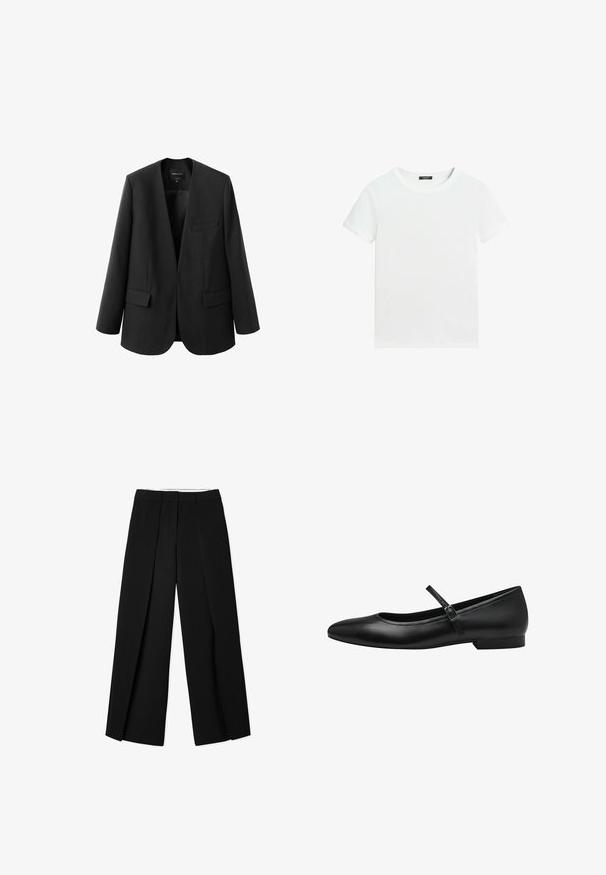 Sort blazer med en struktureret, kravefri design, to frontlommer og en glat stoftekstur. Åben front, afslappet pasform.; Almindelig hvid T-shirt med korte ærmer, rund halsudskæring og lille sort label inden i kraven.; Sorte wide-leg bukser med plisseret design, lavet af glat stof. Har en struktureret talje og rene, skræddersyede linjer.; Sorte læder balletflade med rund tå, en enkelt rem over vristen og en lav, rektangulær hæl. Glat tekstur.