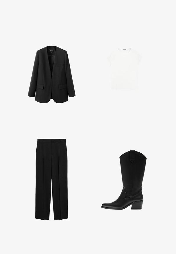 Zwarte blazer met een gestructureerd, kraagloos ontwerp, twee voorzakken en een gladde stofstructuur. Open voorkant, ontspannen pasvorm.; Witte katoenen T-shirt met een ronde halslijn en korte mouwen. Eenvoudig ontwerp, geen patronen of accenten. Zachte, gladde textuur.; Zwarte op maat gemaakte broek met een hoge taille, geplooid ontwerp, rechte pijpen en een soepele stofstructuur. Voorzien van riemlussen en zijzakken.; Zwarte leren westernlaars tot halverwege de kuit met een puntige neus en gestapelde blokhak, voorzien van een aantreklus en subtiele decoratieve stiksels.