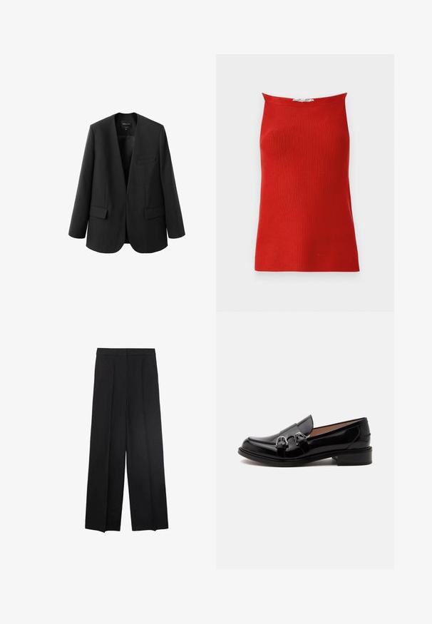 Sort blazer med en struktureret, kravefri design, to frontlommer og en glat stoftekstur. Åben front, afslappet pasform.; Rød ribbet tanktop med lige halsudskæring og tætsiddende silhuet, lavet af glat stof. Ingen synlige lukninger eller mønstre.; Bredde ben sorte bukser med en glat tekstur, med plisseringer foran og en høj talje-design. Ingen synlige lommer eller hardware.; Sort skinnende læderloafer med dobbelte sølvspænder og lav hæl, vist fra siden på hvid baggrund.