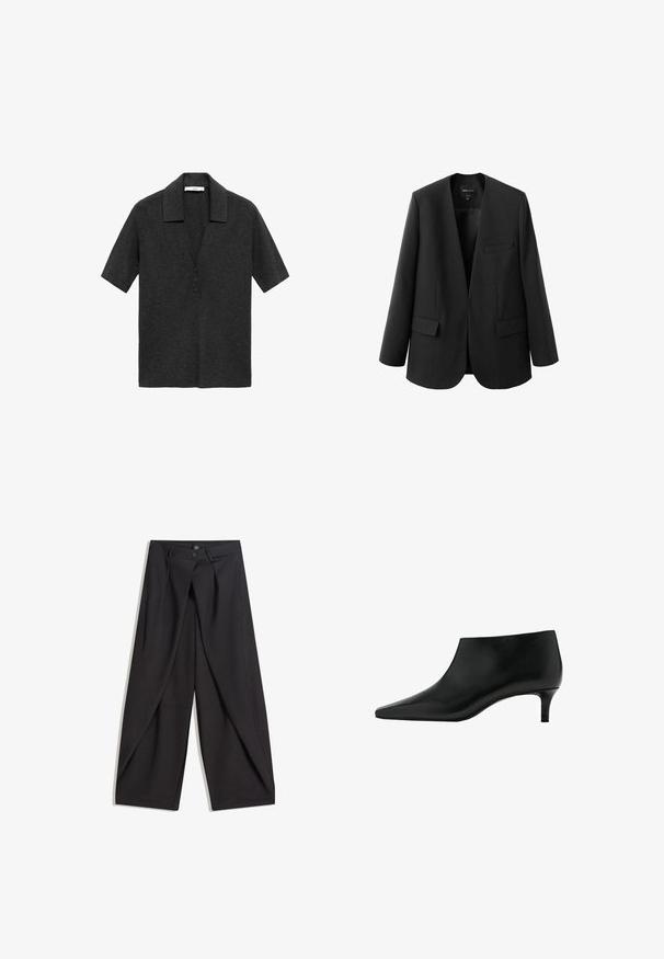 Sort blazer med en struktureret, kravefri design, to frontlommer og en glat stoftekstur. Åben front, afslappet pasform.; Mørkegrå kortærmet polo skjorte lavet af blødt stof, med en klapkrave og tre-knaps stolpe foran.; Sorte bukser med vide ben, frontplisseringer, to knapper i linningen og skrå sidelommer, vist fladt på hvid baggrund.; Sort læderankelstøvle med spids tå og lavt kittenhæl, designet til elegant og formelt brug.