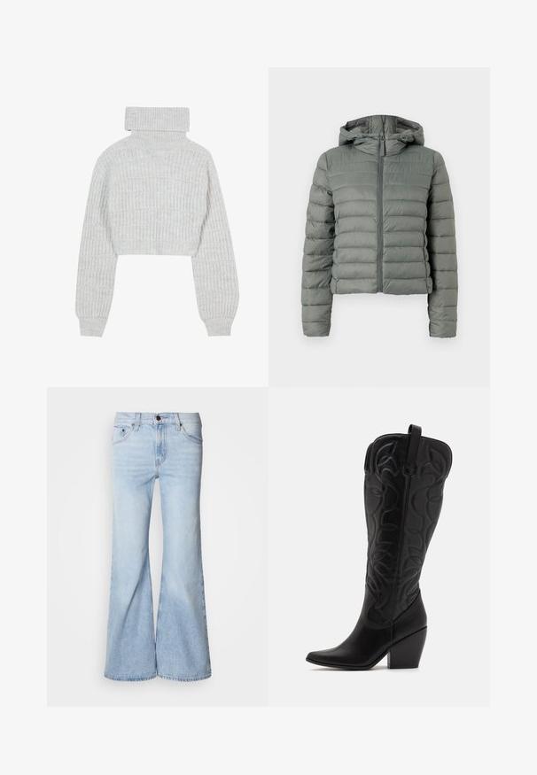Grå pufferjakke med en cropped silhuet, frontlynlås og hætte. Har vandrette quiltede sektioner og elastiske manchetter. Glat tekstur.; Lys grå, cropped striktrøje med høj turtleneck, brede ærmer og struktureret ribbet mønster. Blødt materiale med en lidt løs pasform.; Lyseblå vidde jeans med højtaljet design, lavet af denimstof, fem lommer og knaplukning. Benene er vide og har en let falmet finish.; Sorte knæhøje støvler i læder med spids snude og lagdelt hæl. Har dekorative syninger og buede designelementer.