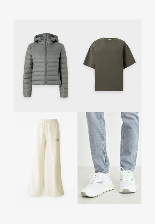 Chaqueta de plumas gris con una silueta corta, cremallera frontal y capucha. Presenta secciones acolchadas horizontales y puños elásticos. Textura suave.; Camiseta de manga corta, color verde oliva con cuello redondo y un corte holgado, mostrada sobre un fondo liso de color gris claro.; Pantalones de chándal anchos color crema con cintura elástica y cordón ajustable. Texto bordado en verde "Athletic" en la parte frontal. Tejido suave.; Zapatillas blancas con acentos grises, que presentan una parte superior de malla, puntera redonda y suela gruesa de goma. Llevadas con jeans de corte slim fit en azul claro.