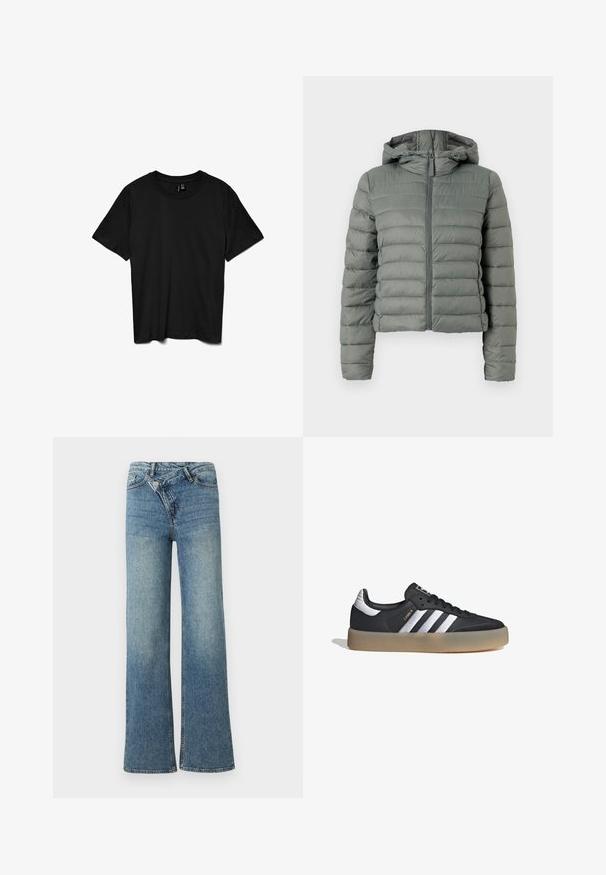 Chaqueta de plumas gris con una silueta corta, cremallera frontal y capucha. Presenta secciones acolchadas horizontales y puños elásticos. Textura suave.; Camiseta negra de manga corta con cuello redondo, diseño liso, mostrada extendida sobre un fondo blanco.; Vaqueros de mezclilla azul claro de pierna ancha con cintura alta, decoloración ligera y cierre de botón en la parte delantera. Cuenta con cinco bolsillos y costuras mínimas.; Zapatilla deportiva de cuero negro con tres rayas plateadas, punta texturizada y suela de goma. Cuenta con un collar acolchado y un diseño con cordones.