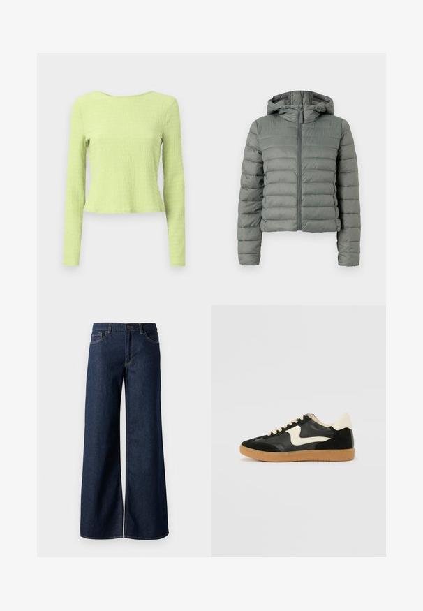 Chaqueta de plumas gris con una silueta corta, cremallera frontal y capucha. Presenta secciones acolchadas horizontales y puños elásticos. Textura suave.; Top corto de manga larga en tejido verde claro texturizado con escote barco y silueta ligeramente entallada. Sin patrones ni acentos visibles.; Jeans de pierna ancha en denim azul oscuro. Presenta costuras en contraste, cinco bolsillos y un cierre de botón en la cintura. Textura suave.; Zapatillas de deporte de ante y cuero negro con un swoosh lateral en crema y un talón en crema claro. Presenta cordones beige y una suela de goma marrón.
