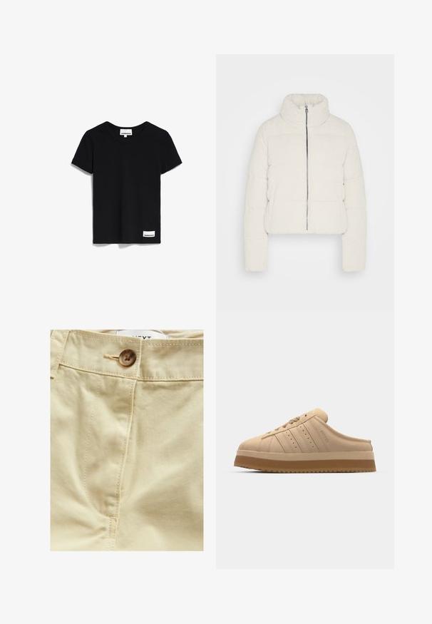Geknipte gewatteerde jas in crème corduroy, met een hoge kraag, een ritssluiting aan de voorkant en twee zijzakken met een gestructureerd oppervlak.; Zwarte t-shirt met korte mouwen van gladde katoenstof. Heeft een ronde halslijn en een klein label aan de onderkant met de tekst "ARMEDANGELS".; Beige katoenen broek met een knoopsluiting, voorzien van een textuurstof, subtiele stiksels en een voorzak. Standaard pasvorm ontwerp.; Velvet tan instap sneaker met een ronde neus, dikke platformzool, gestructureerde bovenkant en drie verticale strepen aan de zijkant.