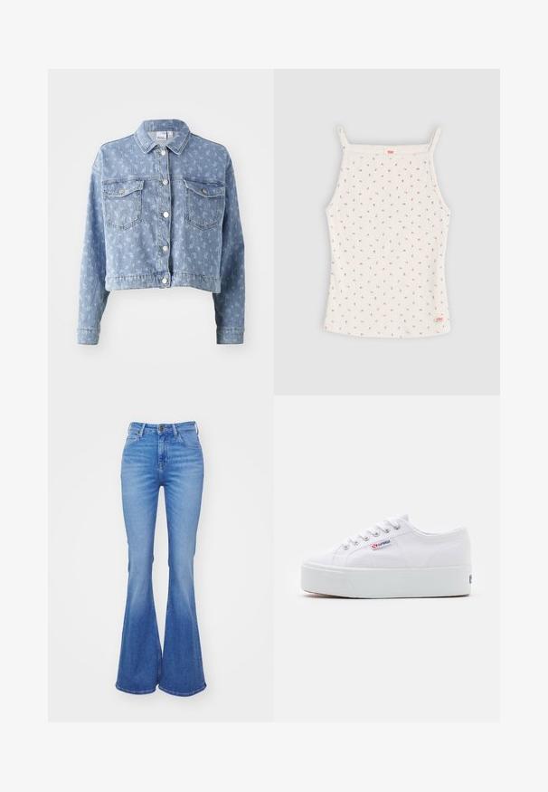 Veste en denim bleu clair avec une coupe courte, fermeture à boutons, deux poches poitrine et une texture à motif floral subtil. Design de col standard.; Haut blanc sans manches avec fines bretelles, petit imprimé floral rose, et étiquette logo rouge Levi's en bas à droite.; Jean claires à pattes d'éléphant en denim, présentant une taille haute, cinq poches et un léger dégradé vers l'ourlet. Fermeture par un bouton en métal argenté.; Baskets en toile blanches avec une épaisse semelle plateforme blanche, bout rond et œillets en métal pour les lacets. Logo de la marque affiché sur le côté.