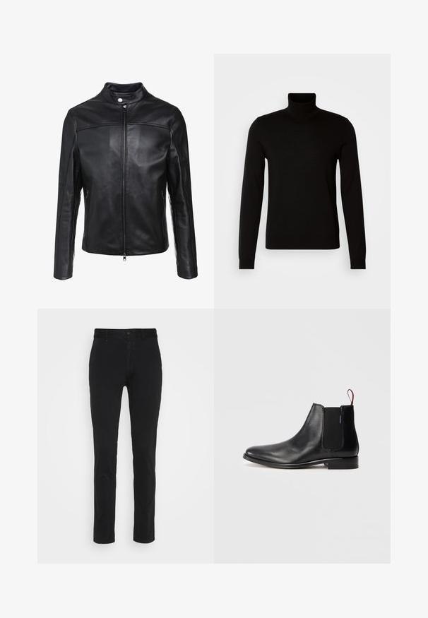 Chaqueta de cuero negra con cuello alzado, cremallera frontal y dos bolsillos laterales. Textura suave con acentos de costura descentrada.; Suéter negro de cuello alto confeccionado en un tejido de punto fino, con mangas largas y una silueta ajustada. Textura suave con puños acanalados.; Chinos de algodón negros con un corte ajustado, que cuentan con una cintura estándar, bolsillos frontales y un solo bolsillo trasero. Textura suave y detalles mínimos.; Botín Chelsea de piel negra con panel lateral elástico y una lengüeta roja en la parte trasera, mostrado sobre un fondo blanco liso.