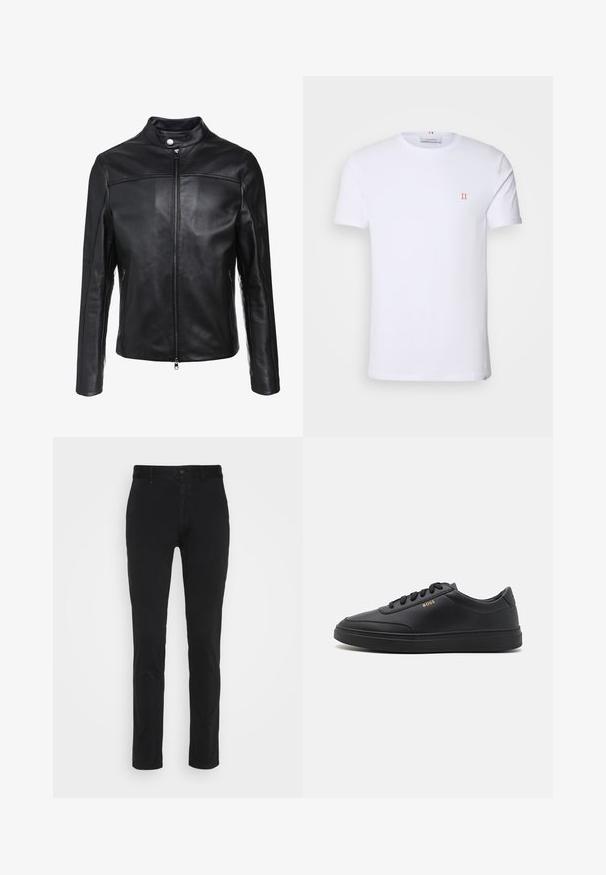 Zwarte leren jack met een staande kraag, voorrits en twee zijzakken. Gladde textuur met off-center naadaccenten.; Witte katoenen t-shirt met korte mouwen, met een klein oranje "II" logo op de linkerborst en een ronde halslijn. Eenvoudig ontwerp en textuur.; Zwarte katoenen chinos met een slim fit, voorzien van een standaard tailleband, voorzakken en een enkele achterzak. Glad oppervlak en minimale details.; Zwarte leren sneakers met een gladde textuur, ronde neus, platte rubberen zool en tonale veters. Kenmerkt zich door de gouden "BOSS" branding aan de zijkant.