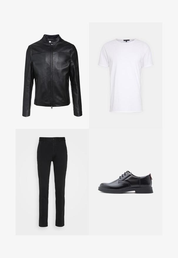 Zwarte leren jack met een staande kraag, voorrits en twee zijzakken. Gladde textuur met off-center naadaccenten.; Witte katoenen t-shirt met een ronde halslijn, korte mouwen en een rechte snit. Heeft een eenvoudige, gladde textuur zonder aanvullende patronen.; Zwarte katoenen chinos met een slim fit, voorzien van een standaard tailleband, voorzakken en een enkele achterzak. Glad oppervlak en minimale details.; Zwarte leren veter schoenen met een gladde textuur, ronde neus en subtiel stiksel detail. Voorzien van een rode trekband op de hiel.