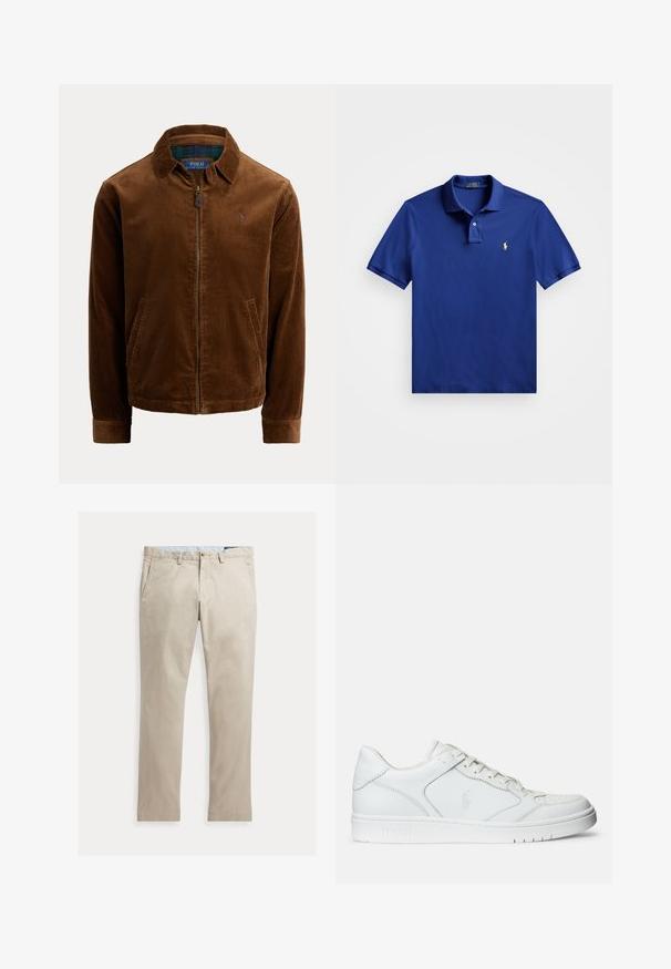 Bruine corduroy jas met rits, kraag, zakken en een subtiel geborduurd logo op de linkerborst.; Blauw poloshirt met korte mouwen, een kraag en twee knopen, met een klein geel geborduurd logo op de linkerborst.; Beige katoenen broek met rechte pijpen, voorzakken, riemlussen, knoopsluiting en ritssluiting, plat liggend op een witte achtergrond.; Witte leren sneaker met een gladde textuur, voorzien van een geperforeerde neus, vetersluiting en geborduurde logo aan de zijkant. Witte rubberen zool.