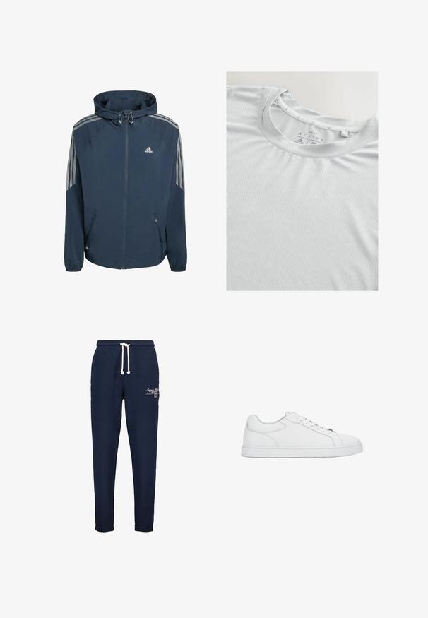 Marineblaue Adidas-Kapuzenjacke mit durchgehendem Reißverschluss, elastischen Bündchen, seitlichen Reißverschlusstaschen und drei grauen Streifen an jedem Ärmel.; Hellgraues Sport-T-Shirt aus strukturiertem Stoff, mit rundem Ausschnitt und subtilen dreieckigen Akzenten am Kragen.; Marineblaue Jogginghosen aus weichem Material mit einem Kordelzugbund, gerippten Bündchen und weißer gestickter Markenlogo auf der Vorderseite.; Weißer, flacher Ledersneaker mit weißen Schnürsenkeln, genähten Details und flacher Gummisohle, seitlich auf einfarbigem Hintergrund gezeigt.