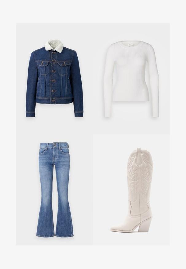 Tumedast sinisest denimpaisist jakki valeekstrakkiga kaelusega. Omab ees taskuid, nööbist sulgemist ja nähtavaid õmblusaktsente. Klassikaline disain.; Valge pikakä sleeves ribikate tipp ümarate kaelustega. Kangas on sile, omades peent tekstuuri ja istuvat disaini. Ilma nähtava riistvara või mustriteta.; Laienevad sinised teksad keskmise kõrgusega vöökoht, viie tasku ja heleda pesuga. Omavad kerget hägustumist ja kontrastset õmblust.; Valge nahast cowboy-s выпiş с заостреным varvastega ja plokknäheeliga. Omab keerukaid tikandimustreid varreosas ja siledat tekstuuri.